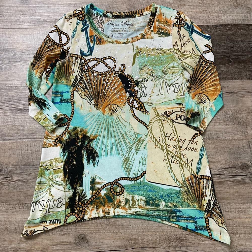 Onque Petite NAUTICAL Anchor/Rope Embellished Shark Bite Women's Shirt Sz PS